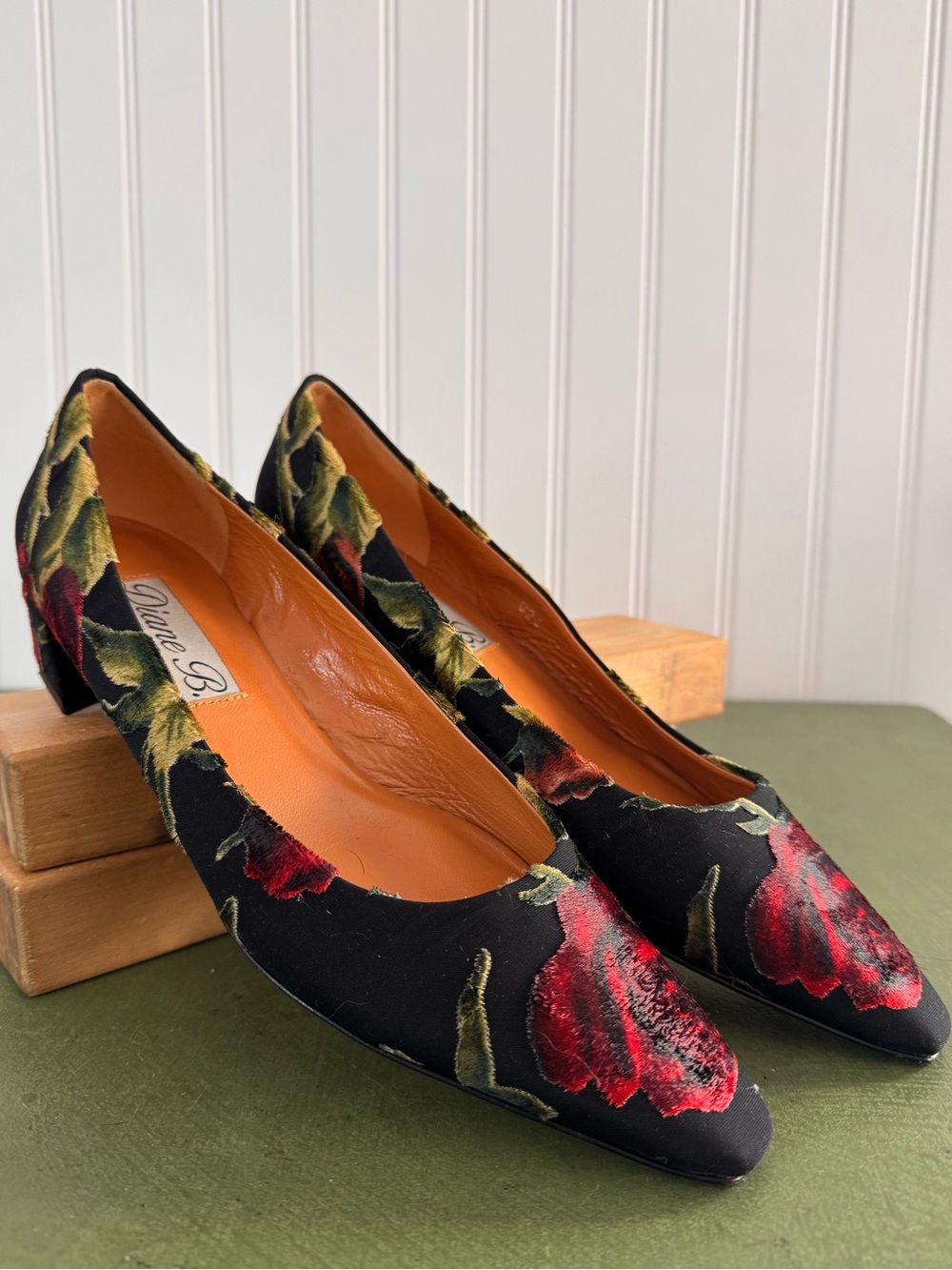 Diane B Low Heel Pumps Leather with Silk Roses Overlay *Italy*